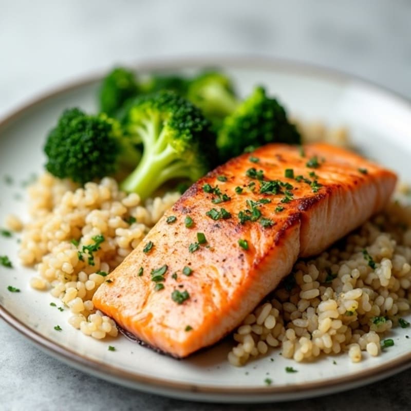 Seared Salmon with Steamed Broccoli and Herbed Brown Rice