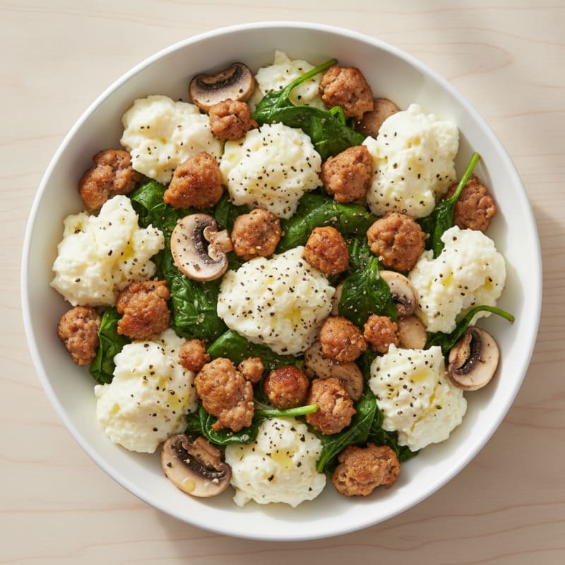 Egg White and Turkey Sausage Power Bowl with Spinach and Mushrooms
