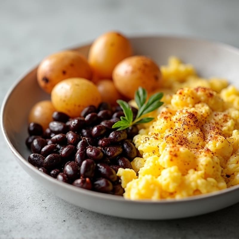 Scrambled Eggs with Crispy Potatoes and Black Beans
