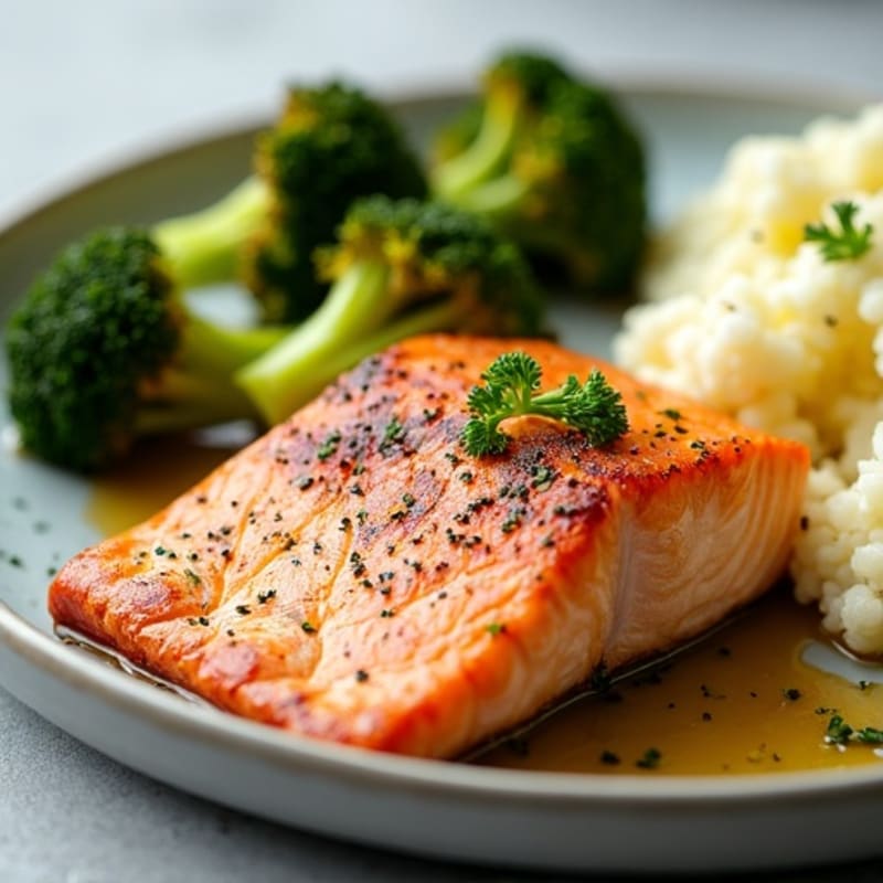 Seared Salmon with Roasted Broccoli and Garlic Mashed Cauliflower