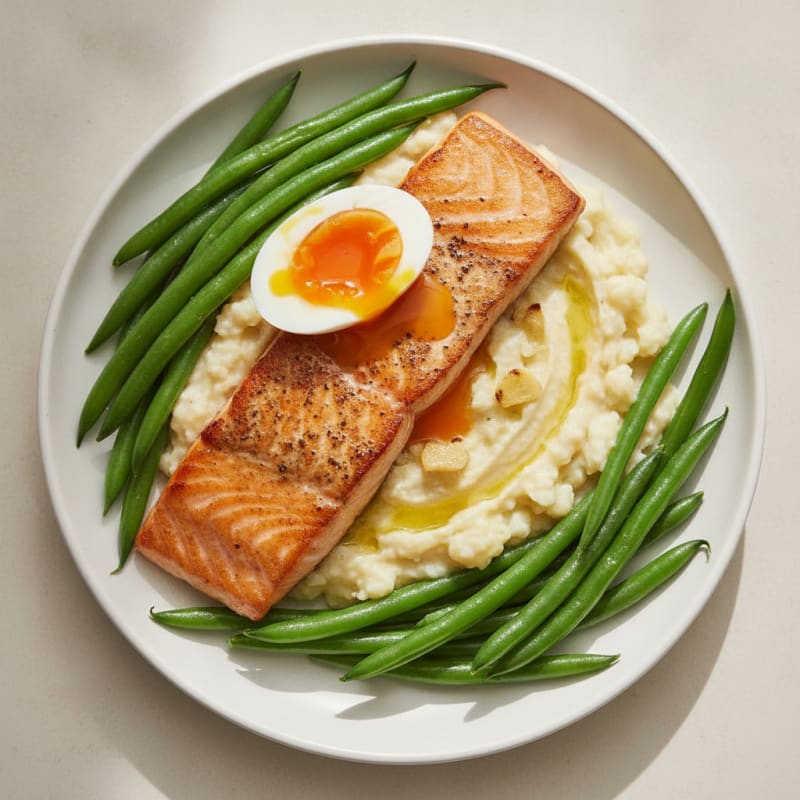 Seared Salmon with Steamed Green Beans and Garlic Mashed Cauliflower
