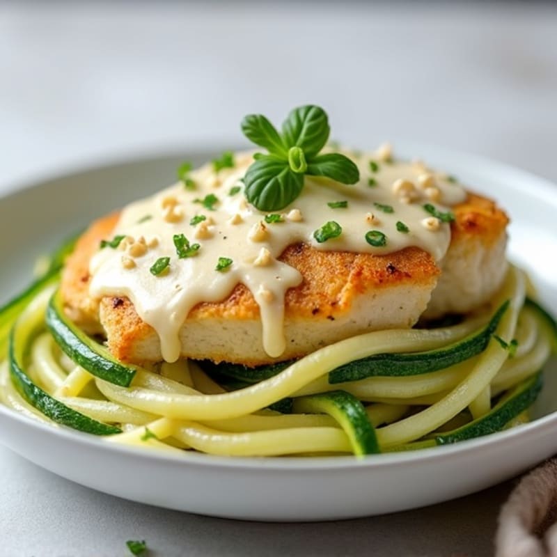 Creamy Cauliflower Alfredo Chicken with Zucchini Noodles