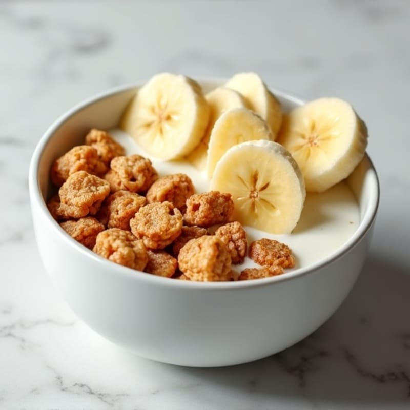 Protein Crunch Cereal Bowl with Almond Milk and Sliced Banana