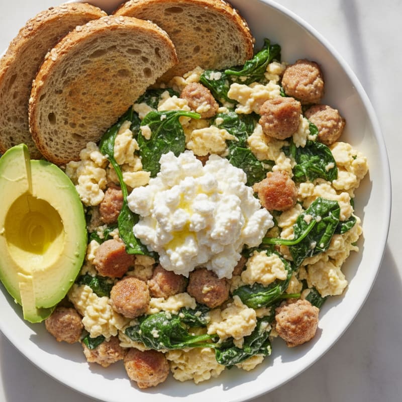 Egg White and Turkey Sausage Scramble with Spinach and Cottage Cheese