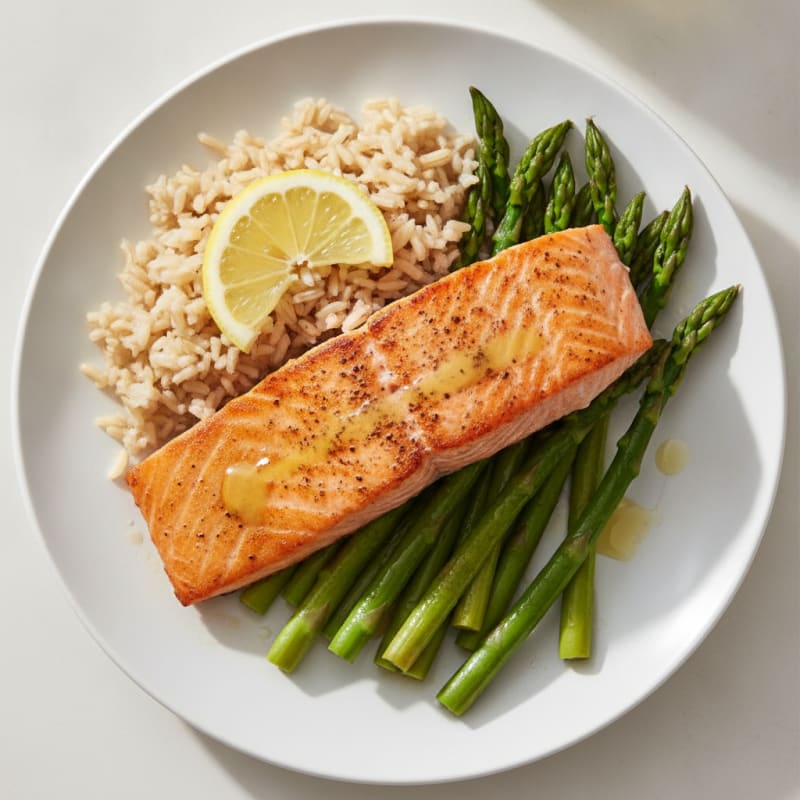Seared Salmon Fillet with Steamed Asparagus and Brown Rice