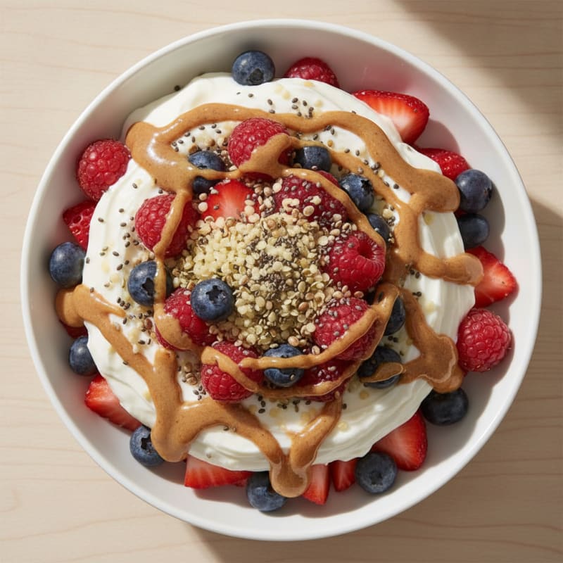 Greek Yogurt Protein Parfait with Mixed Berries and Almond Butter
