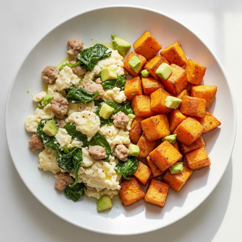 Egg White and Turkey Sausage Scramble with Roasted Sweet Potatoes
