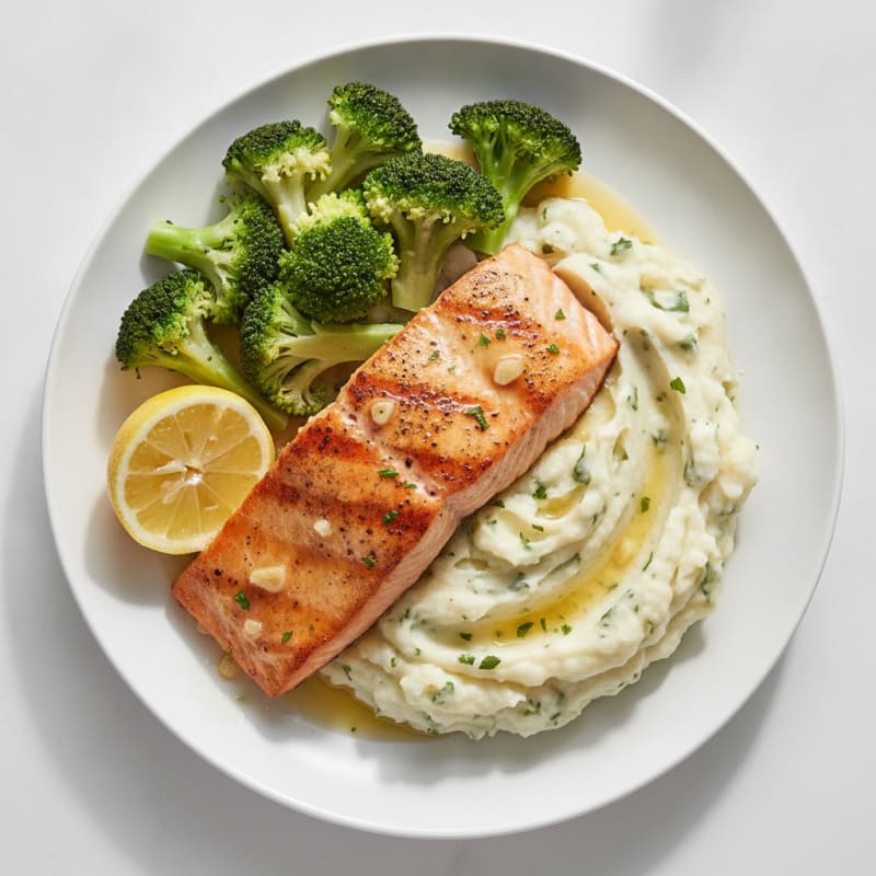 Seared Salmon with Steamed Broccoli and Garlic Mashed Potatoes