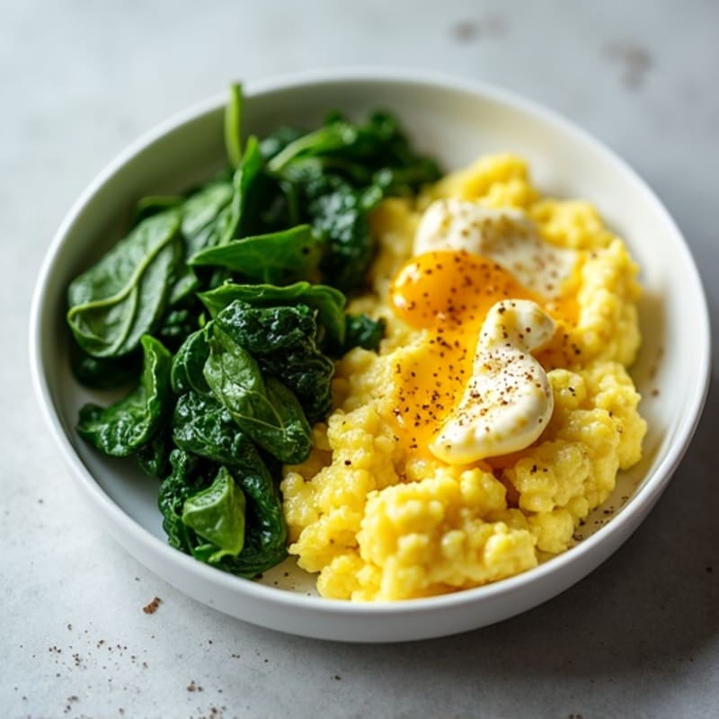 Creamy Scrambled Eggs with Sautéed Greens and Avocado