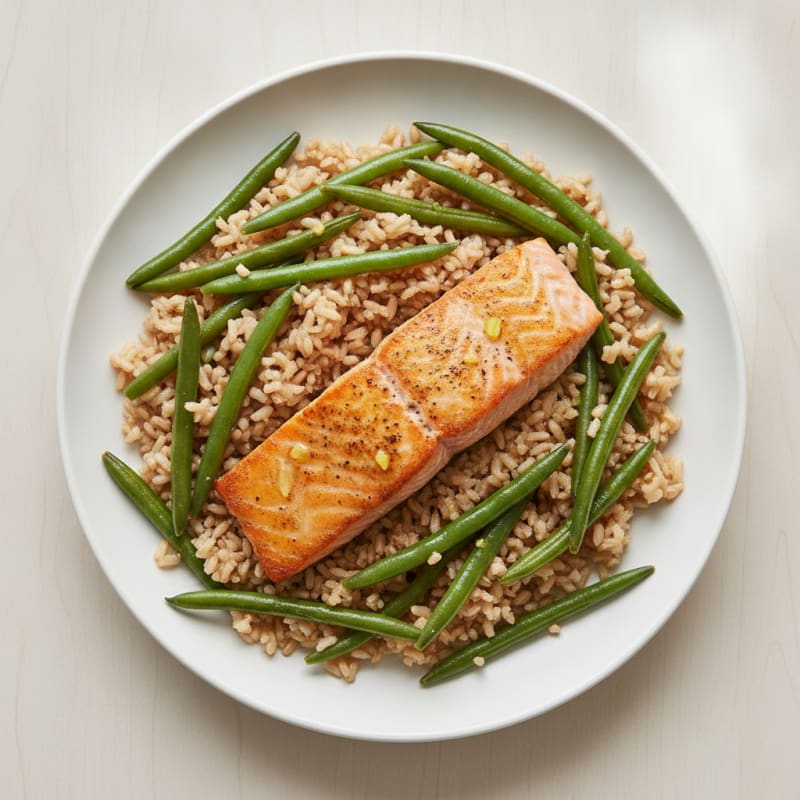 Seared Salmon with Steamed Green Beans and Brown Rice
