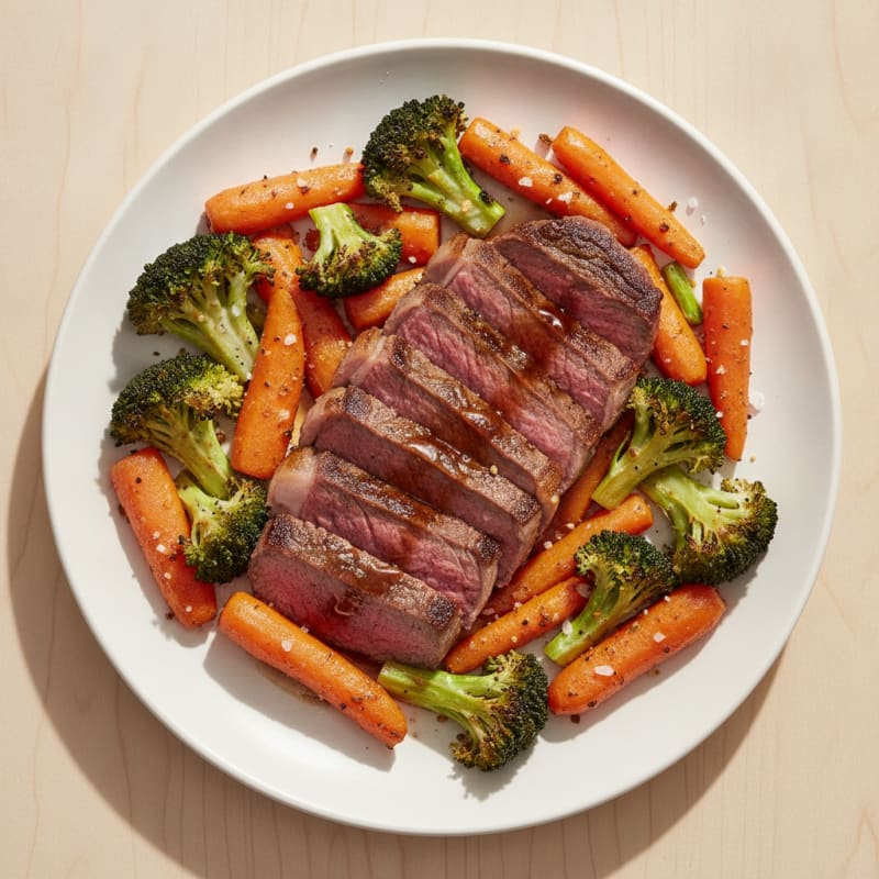 Seared Lean Beef with Roasted Broccoli and Carrots