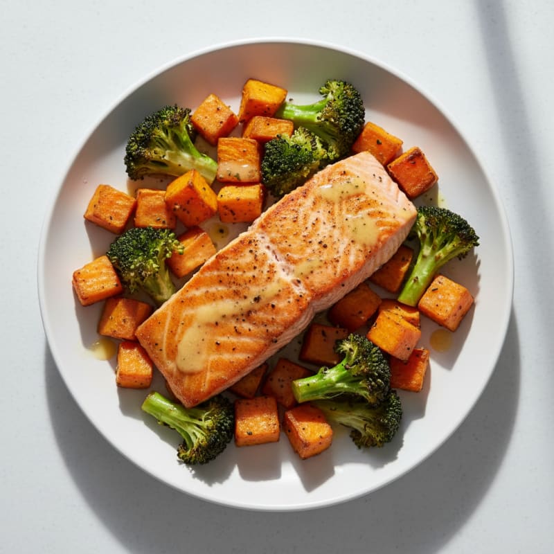 Seared Salmon Fillet with Roasted Broccoli and Sweet Potato