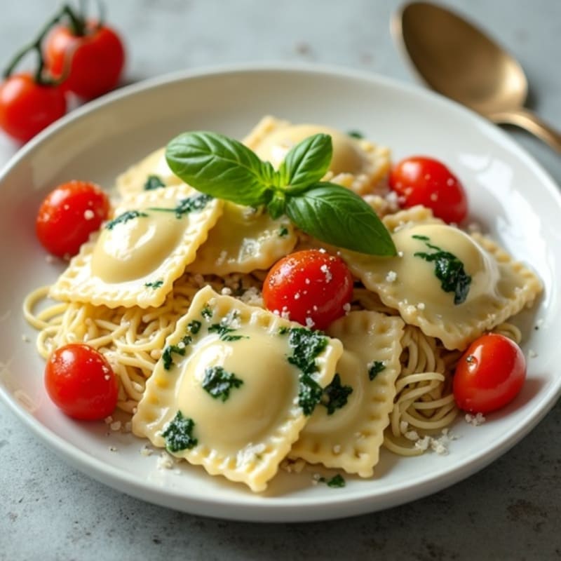 Creamy Spinach Ravioli with Roasted Cherry Tomatoes