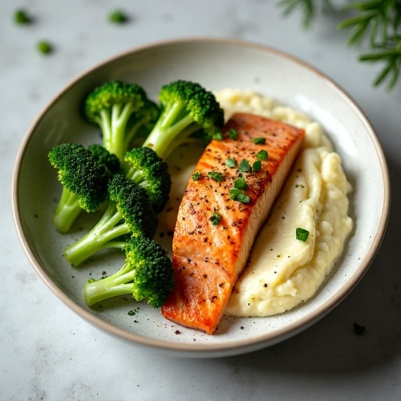 Seared Salmon with Steamed Broccoli and Garlic Cauliflower Mash