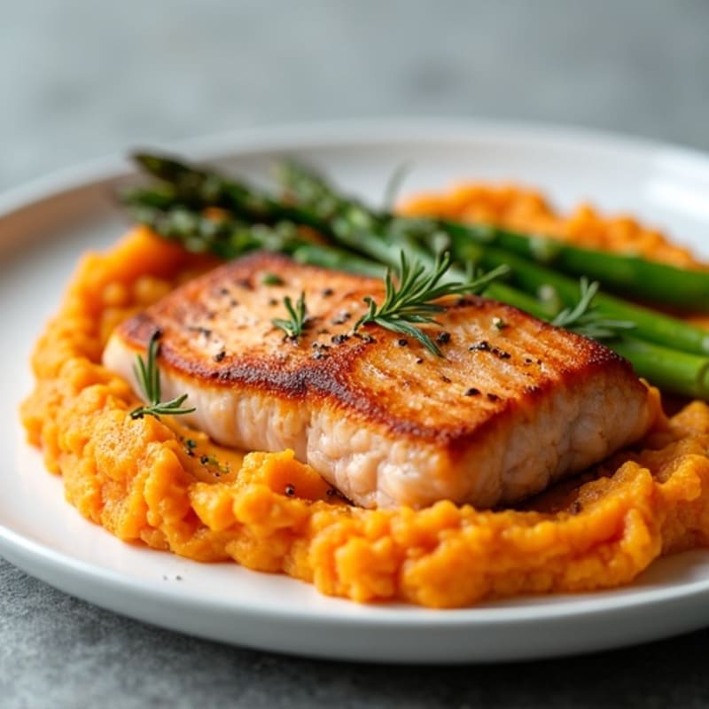 Seared Salmon with Roasted Asparagus and Sweet Potato Mash