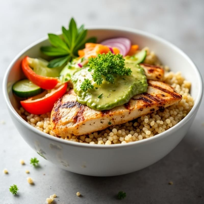 Grilled Chicken Quinoa Bowl with Crunchy Vegetables and Creamy Avocado Dressing