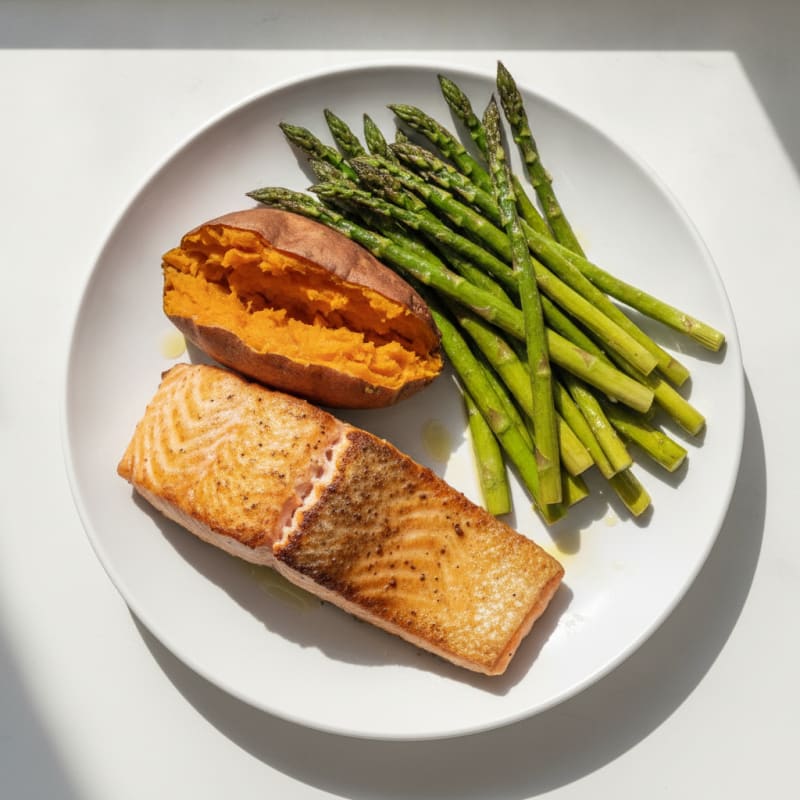 Seared Salmon Fillet with Roasted Asparagus and Sweet Potato