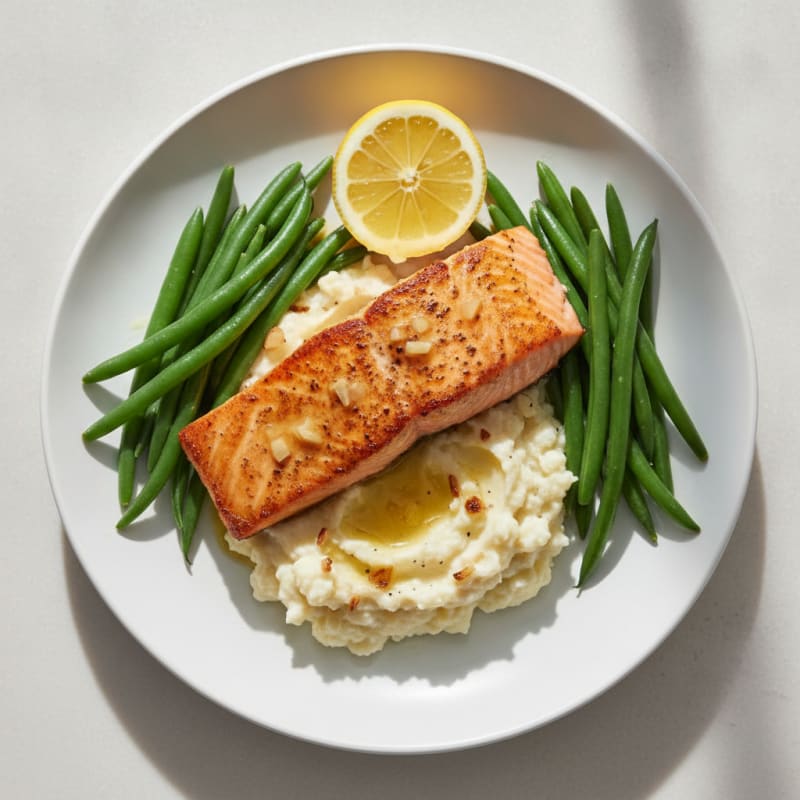 Seared Salmon Fillet with Steamed Green Beans and Cauliflower Mash