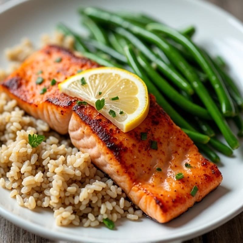 Seared Salmon Fillet with Garlic Green Beans and Brown Rice