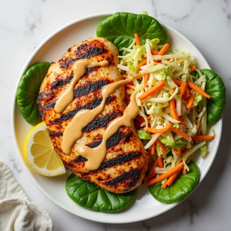 Grilled Chicken Breast with Crunchy Cabbage Slaw and Lemon Tahini Dressing