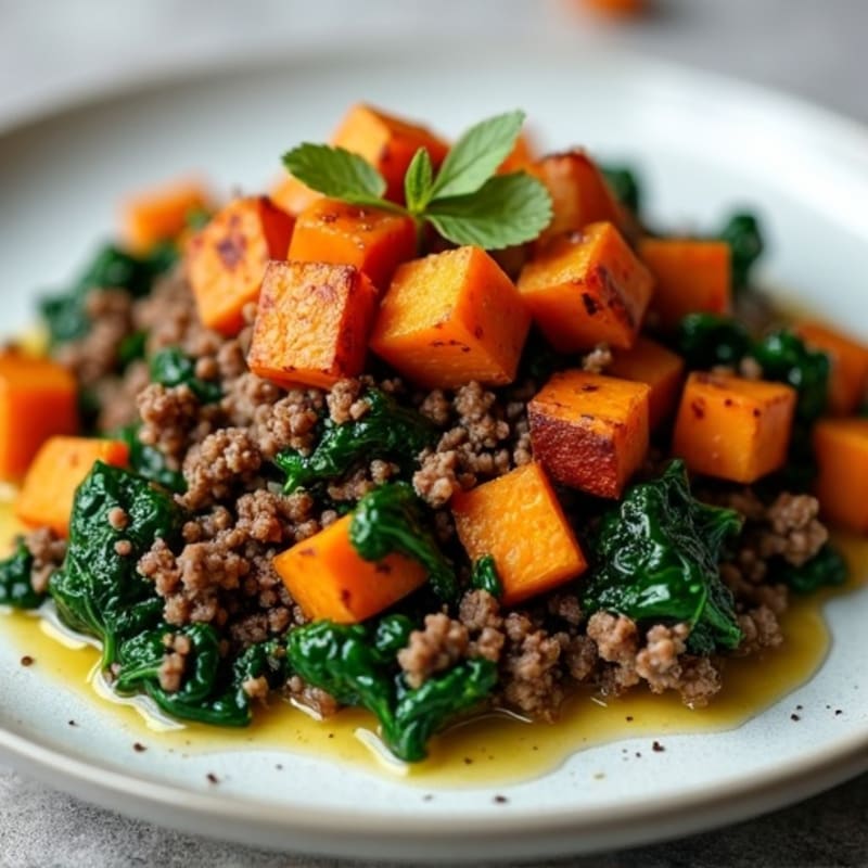 Lean Ground Beef and Crispy Sweet Potato Hash with Sautéed Spinach