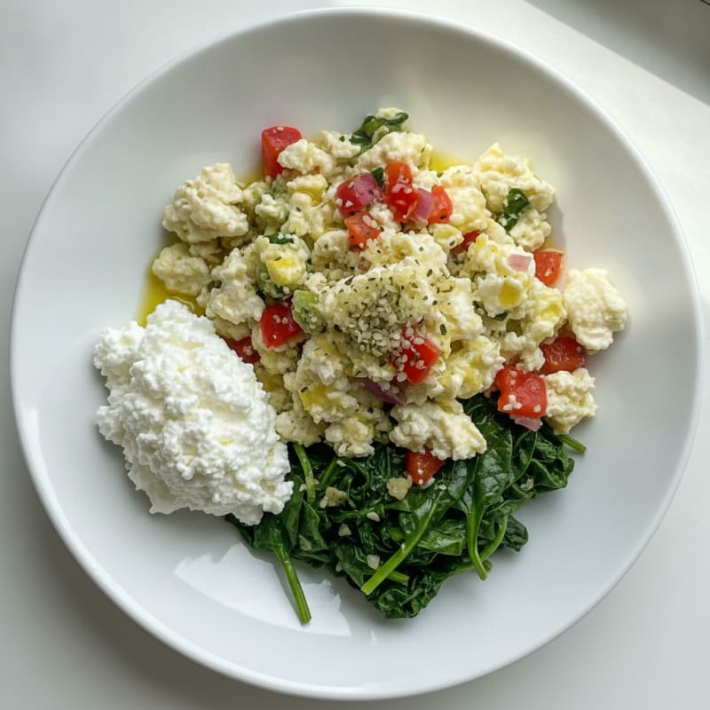 Egg White Veggie Scramble with Cottage Cheese and Sautéed Spinach