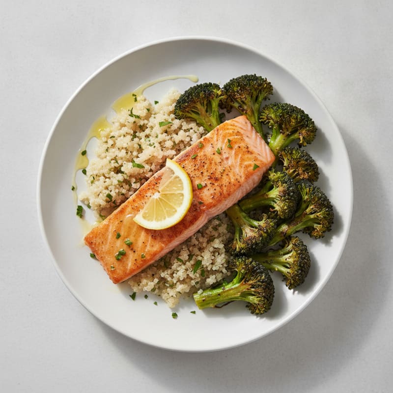 Seared Salmon with Roasted Broccoli and Quinoa