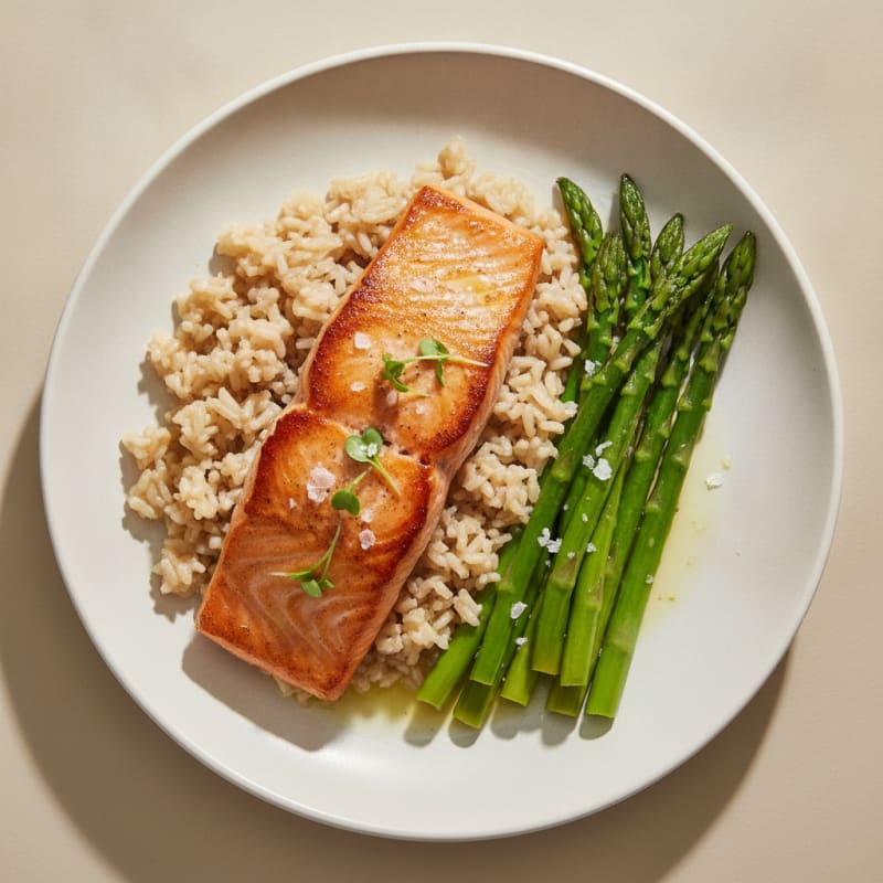 Seared Salmon with Steamed Asparagus and Brown Rice