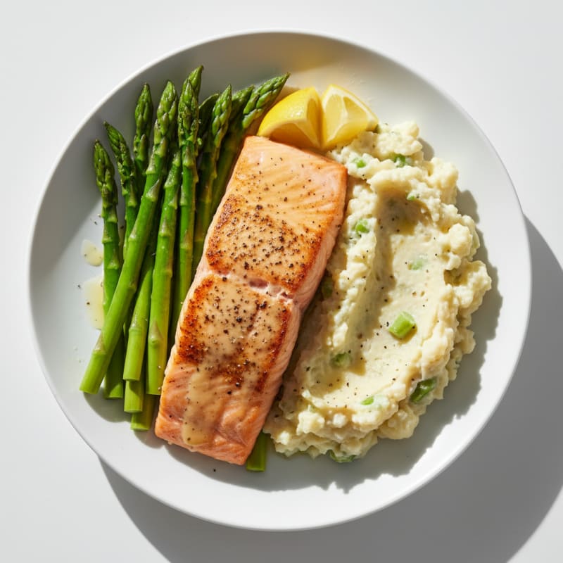 Seared Salmon with Steamed Asparagus and Cauliflower Mash
