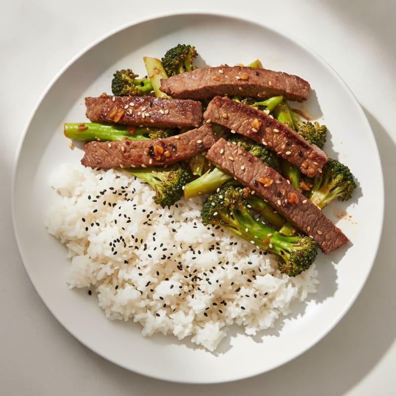 Seared Beef Strips with Stir-Fried Broccoli and Jasmine Rice