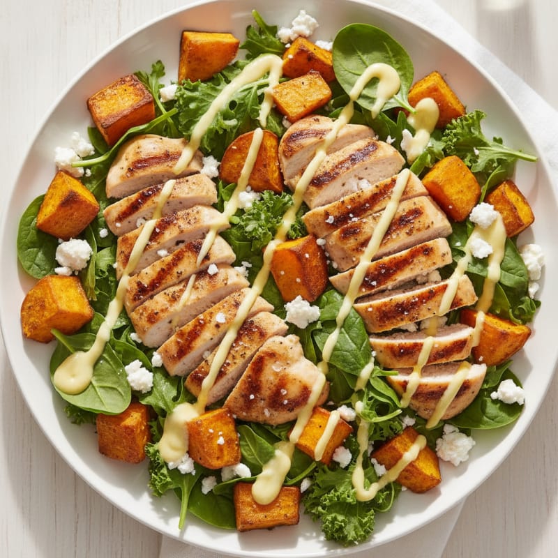 Roasted Sweet Potato and Feta Salad with Grilled Chicken