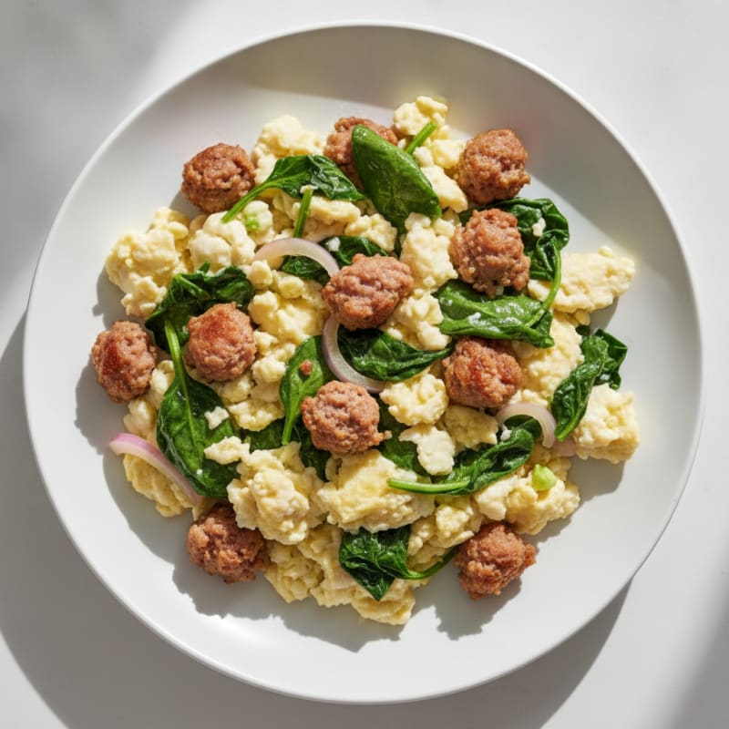 Egg White Scramble with Turkey Sausage and Sautéed Spinach