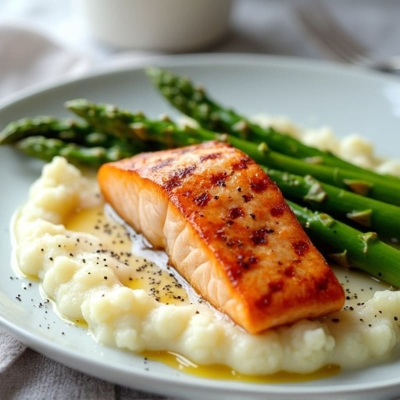 Seared Salmon with Steamed Asparagus and Cauliflower Mash
