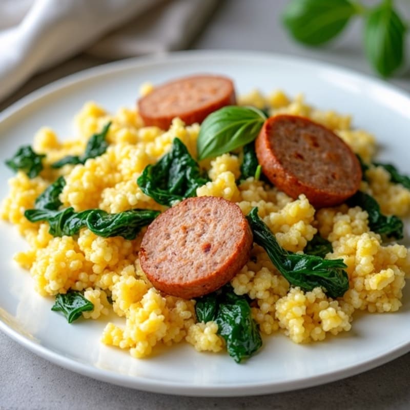 Egg White Scramble with Turkey Sausage, Sautéed Spinach & Quinoa
