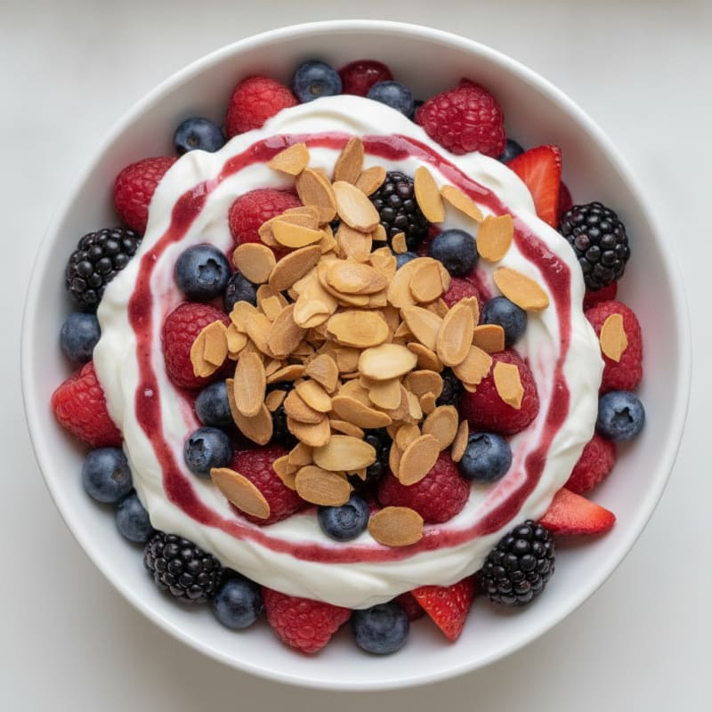 Greek Yogurt Protein Parfait with Mixed Berries and Almonds