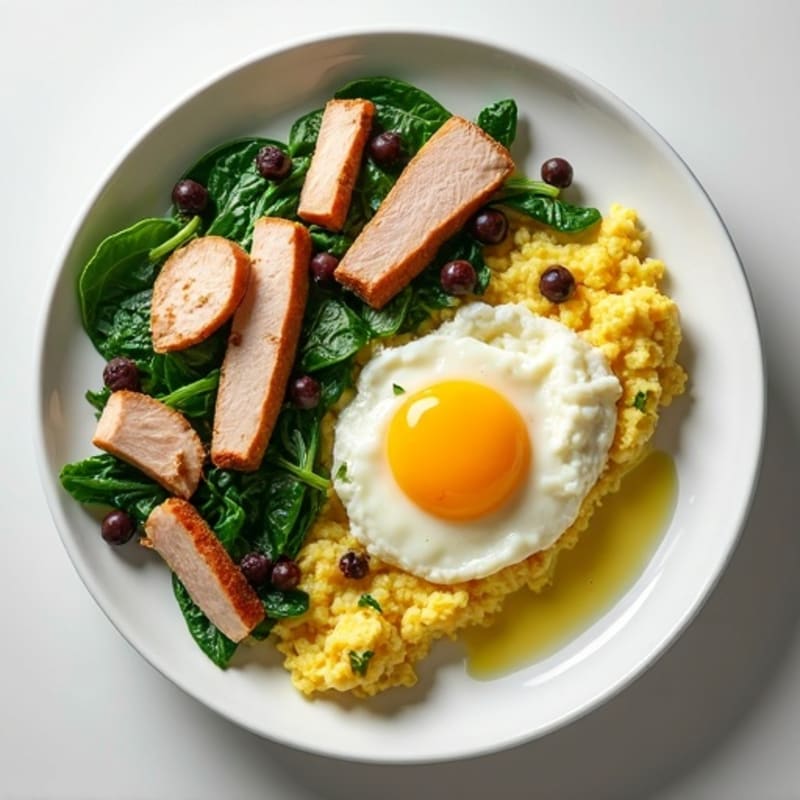 Egg White and Spinach Scramble with Cottage Cheese and Sliced Turkey