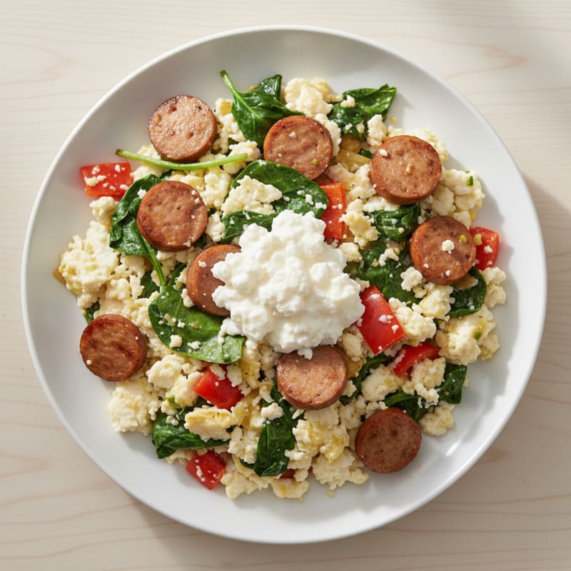 Egg White and Turkey Sausage Scramble with Spinach and Cottage Cheese