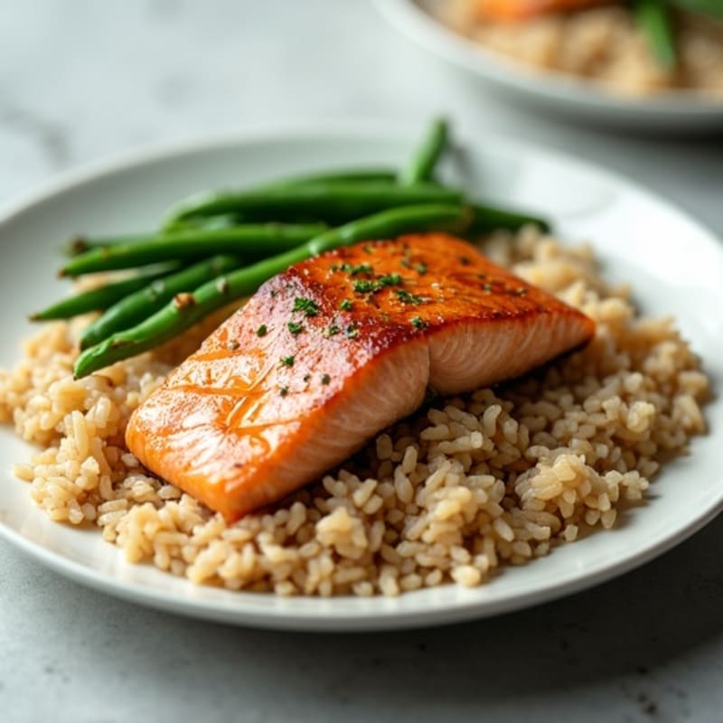 Seared Salmon Filet with Steamed Green Beans and Brown Rice