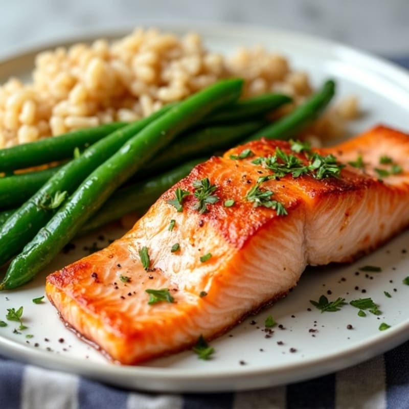 Seared Salmon with Garlic Green Beans and Brown Rice