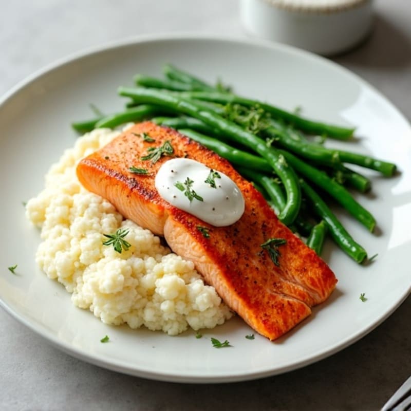 Seared Salmon with Steamed Green Beans and Cauliflower Mash