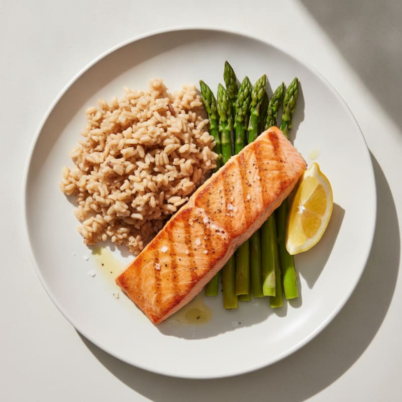 Seared Salmon with Steamed Asparagus and Brown Rice