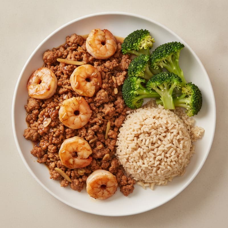 Garlic Shrimp and Ground Turkey Stir-Fry with Steamed Broccoli and Brown Rice