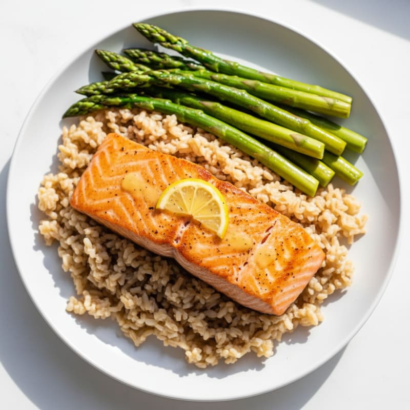 Seared Salmon with Steamed Asparagus and Brown Rice