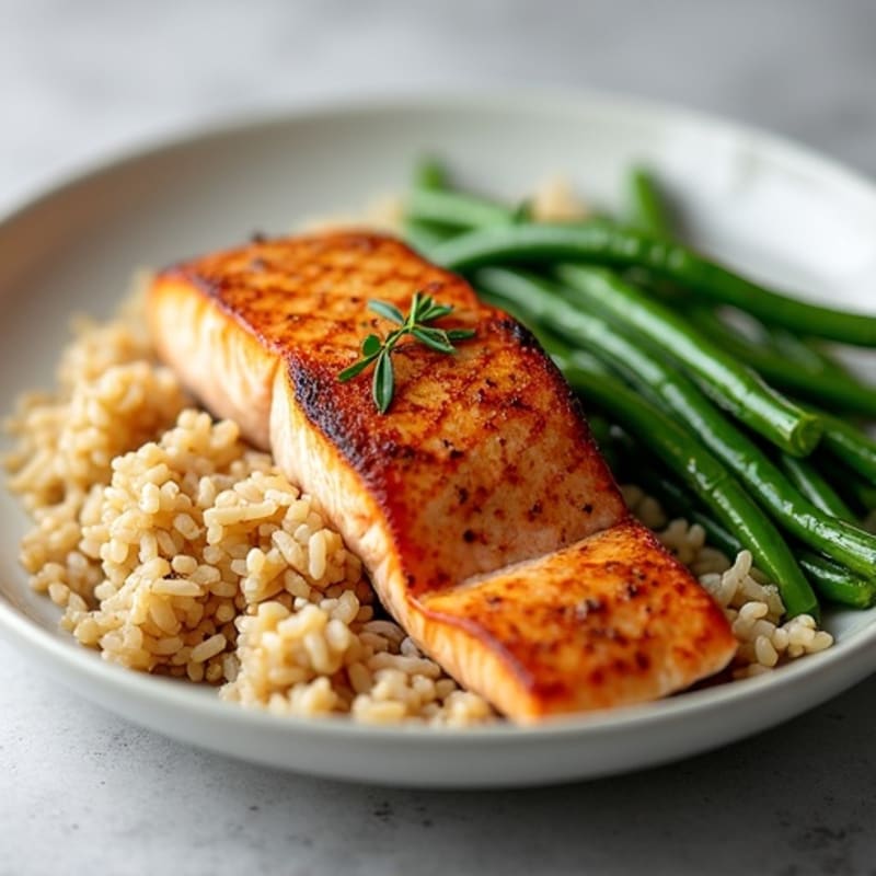Seared Salmon Fillet with Steamed Green Beans and Brown Rice