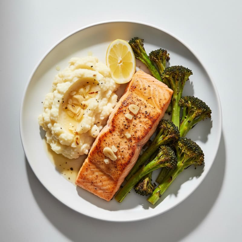 Seared Salmon with Roasted Broccoli and Garlic Mashed Cauliflower