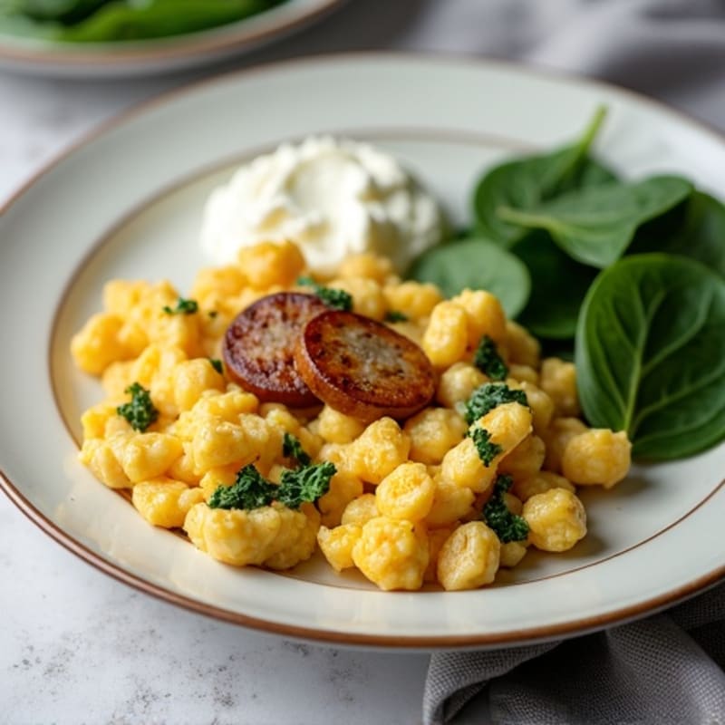 Egg White and Turkey Sausage Scramble with Cottage Cheese and Spinach