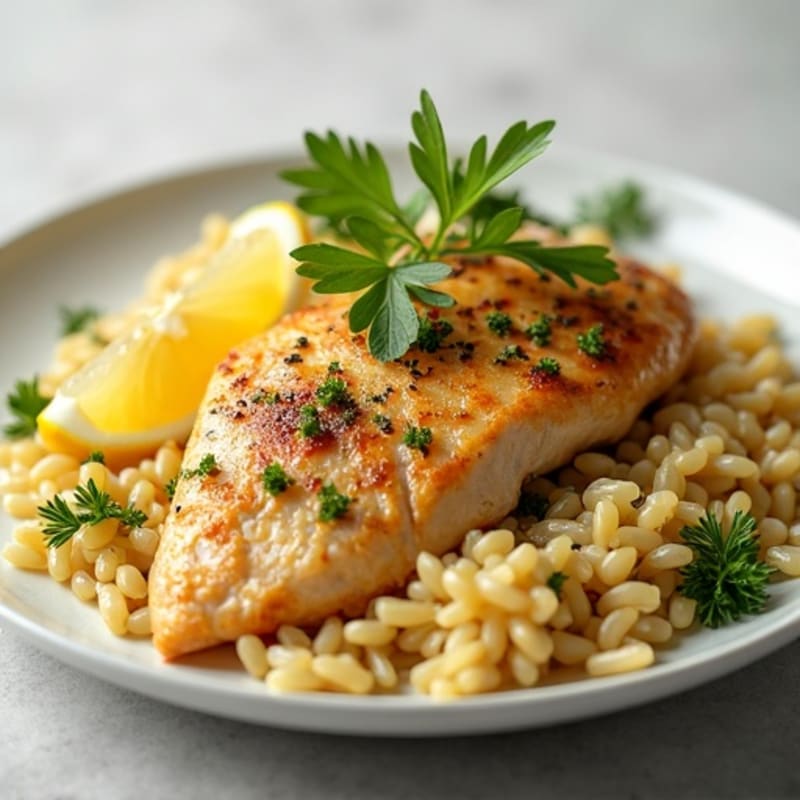 Lemon Herb Chicken with Roasted Garlic Orzo