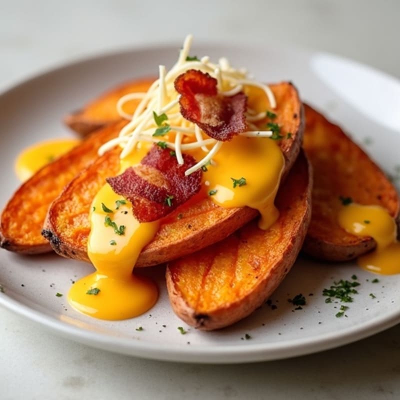 Roasted Sweet Potato Wedges with Crispy Bacon and Creamy Cheesy Sauce