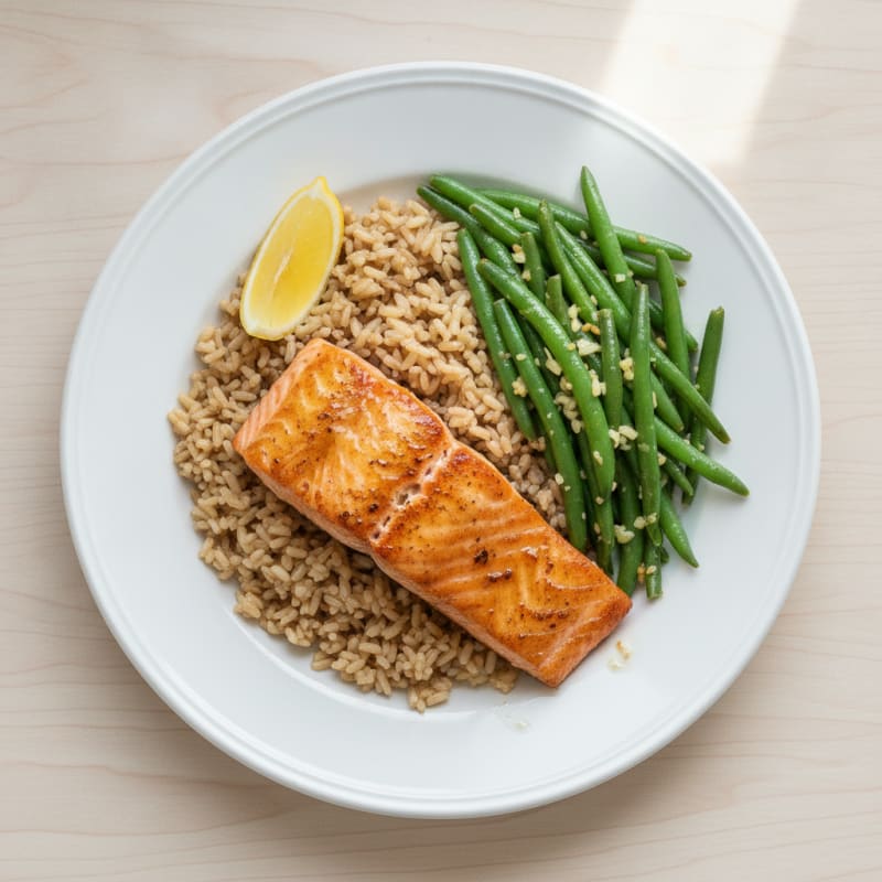 Seared Salmon Fillet with Garlic Green Beans and Brown Rice
