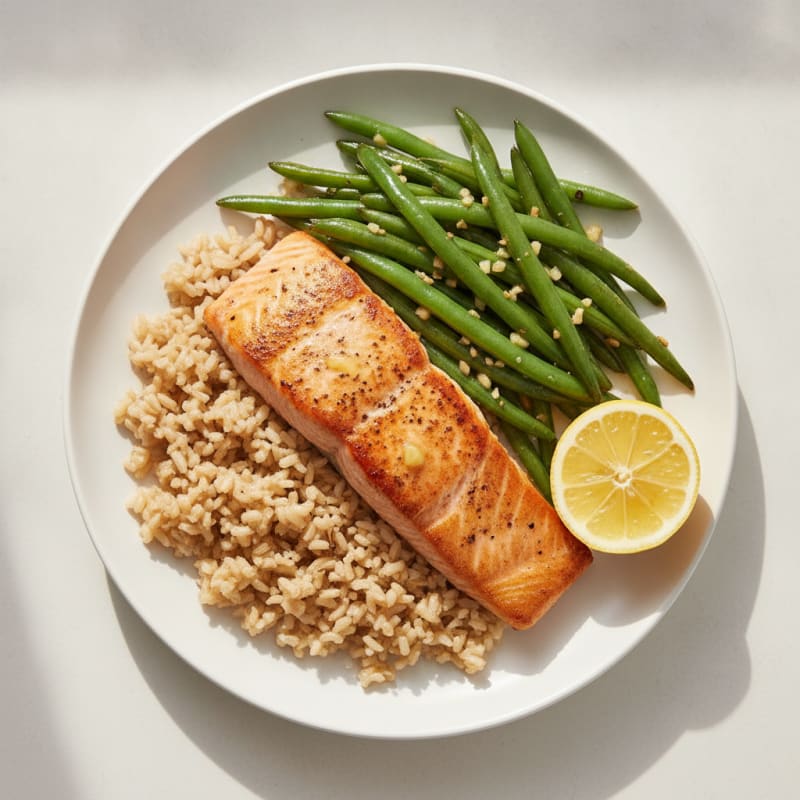 Seared Salmon with Garlic Green Beans and Brown Rice